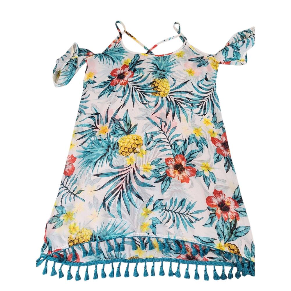 Miken Swim Tropical Pineapple Floral Cold Shoulder Cover Up Dress XS sheer